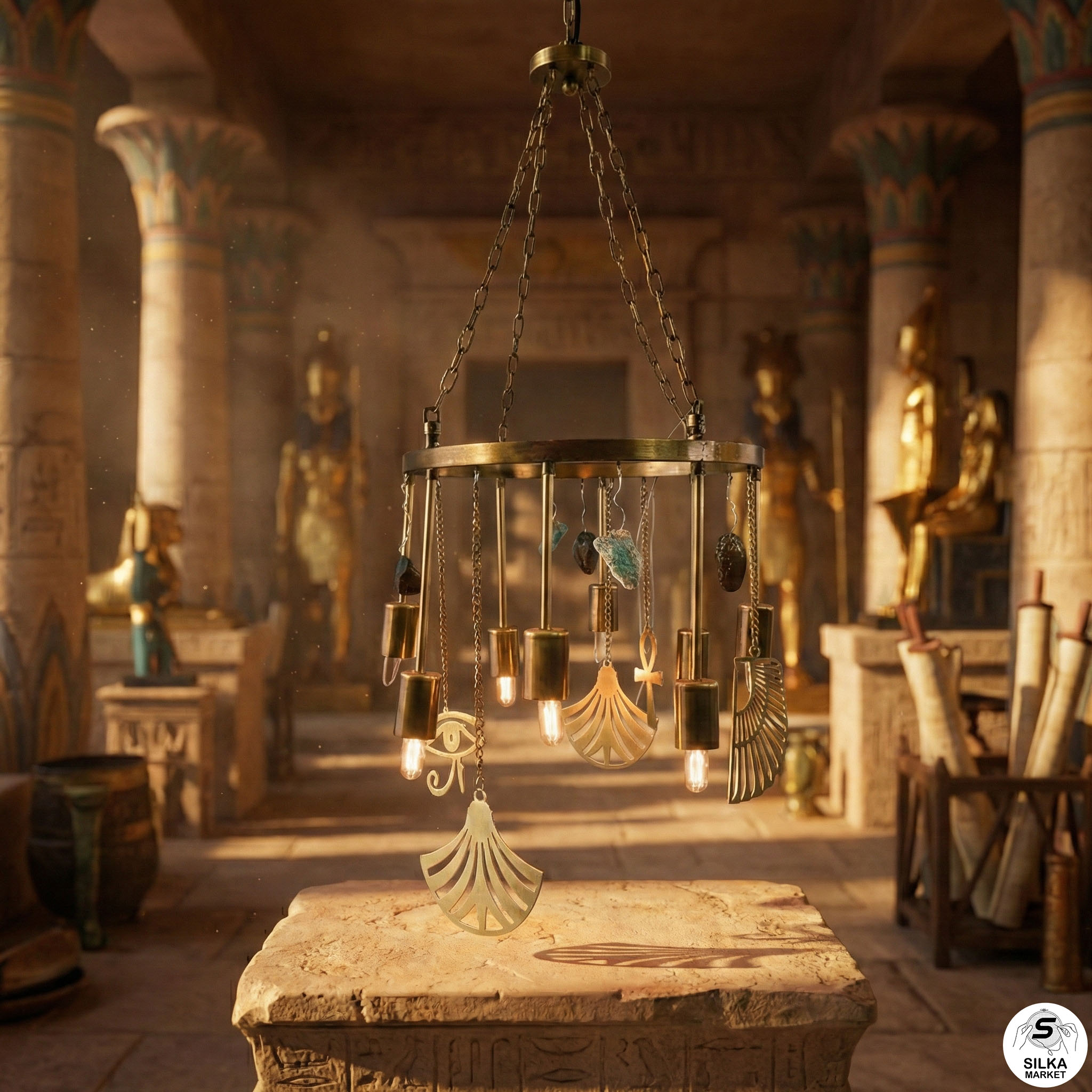 Pharaonic chandelier made of colored stones and symbols