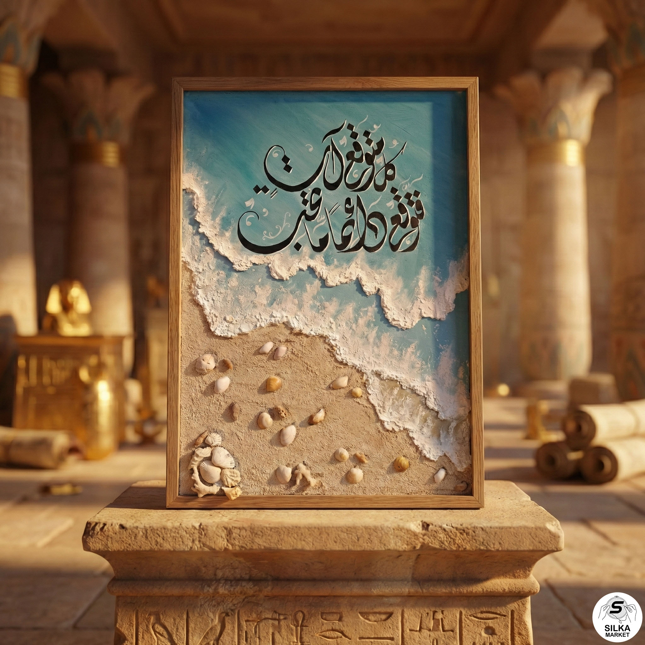 A painting of optimism and the sea in acrylic colors and gold leaf. Cakes in a wooden frame with a saying in Diwani Arabic calligraphy
