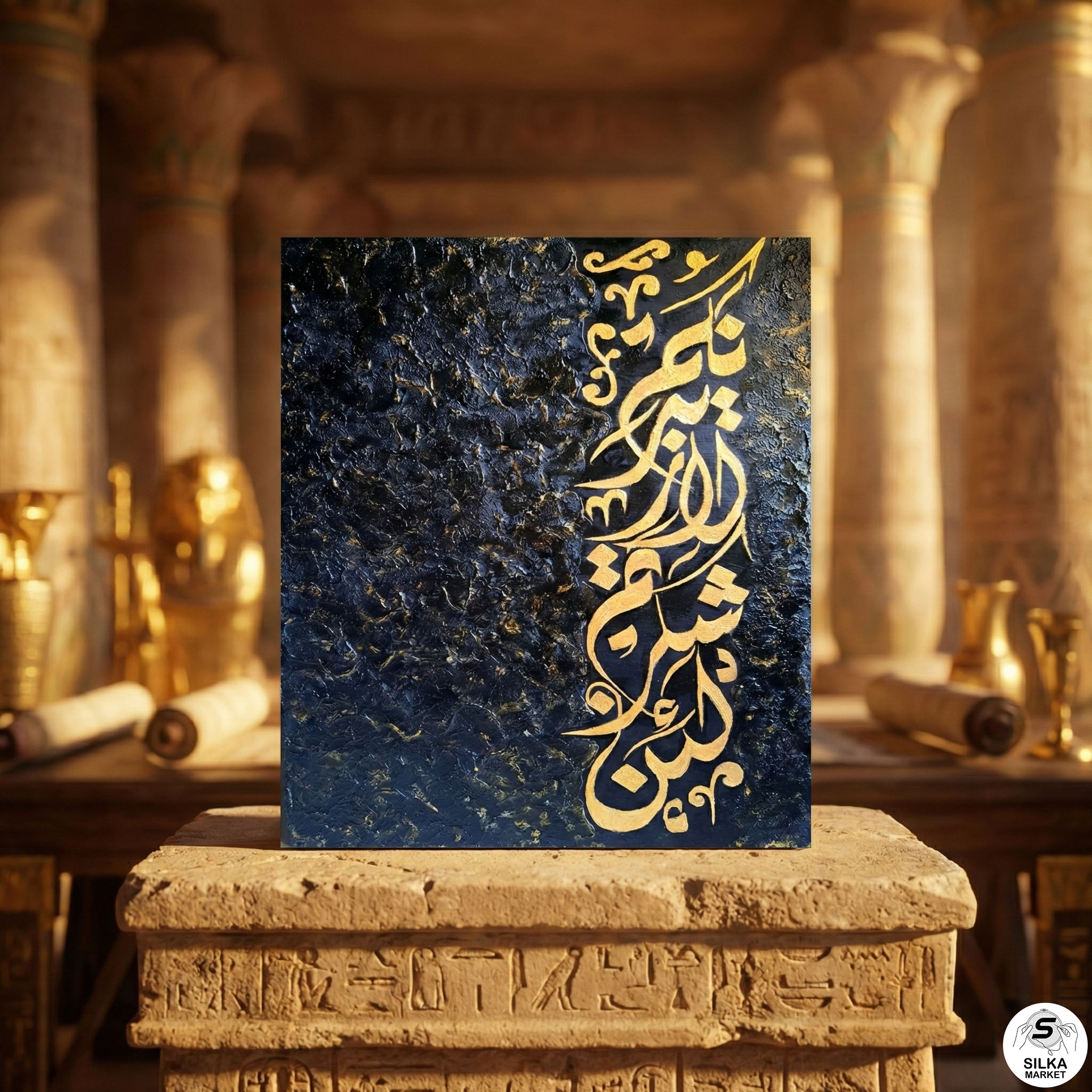 Overflowing Gratitude” painting in acrylic colors and gold leaf with a Qur’anic verse in Diwani Arabic calligraphy