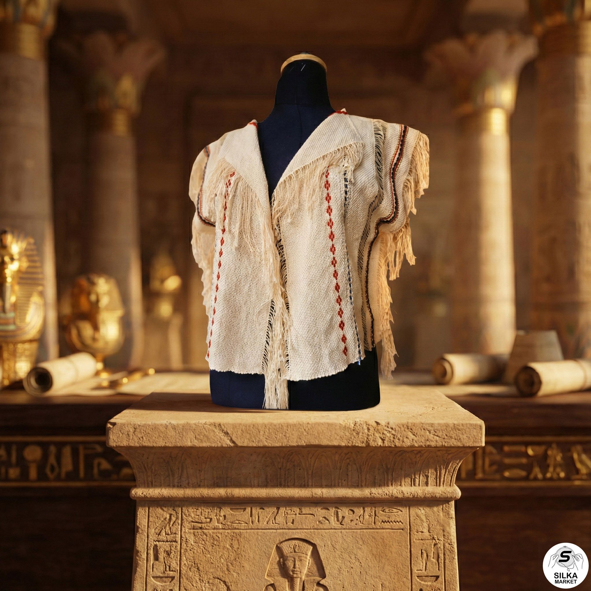 A vest or jacket handwoven on a loom, with a unique design