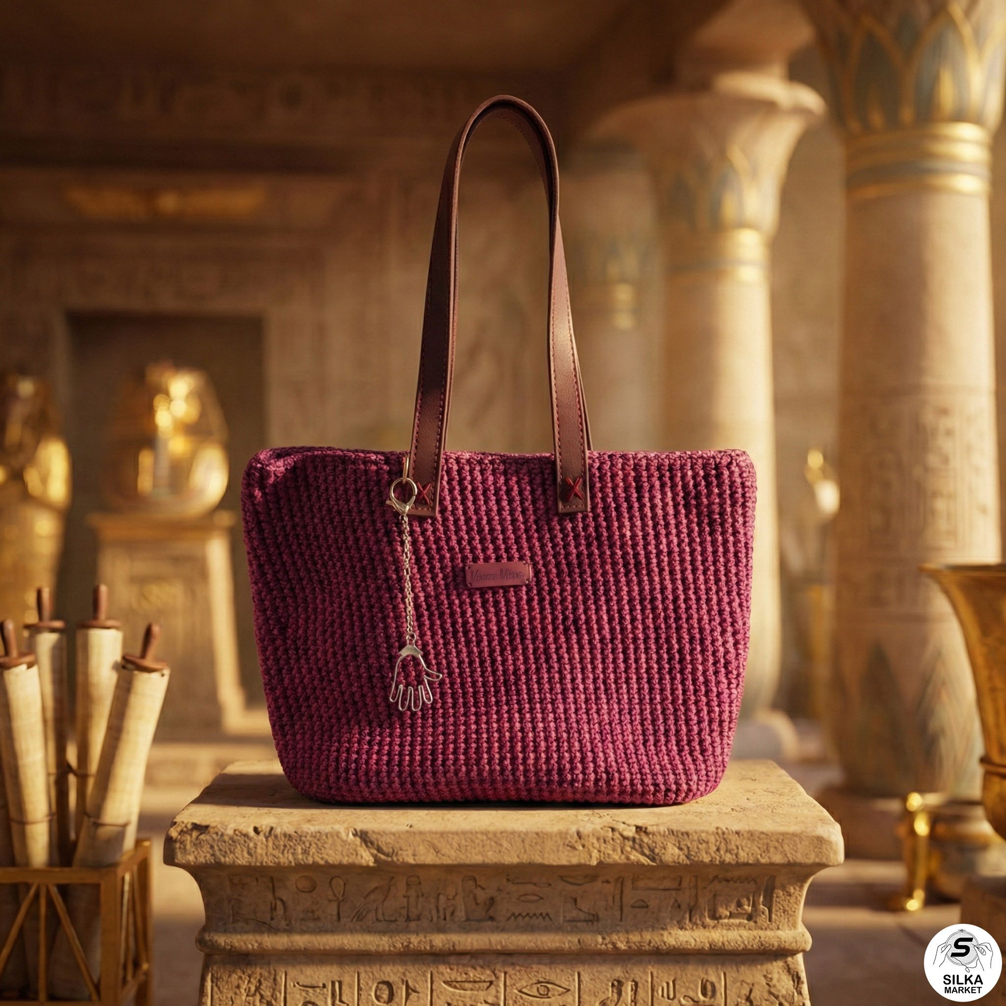 crochet bag made with Chainy Cotton yarn only and leather handle