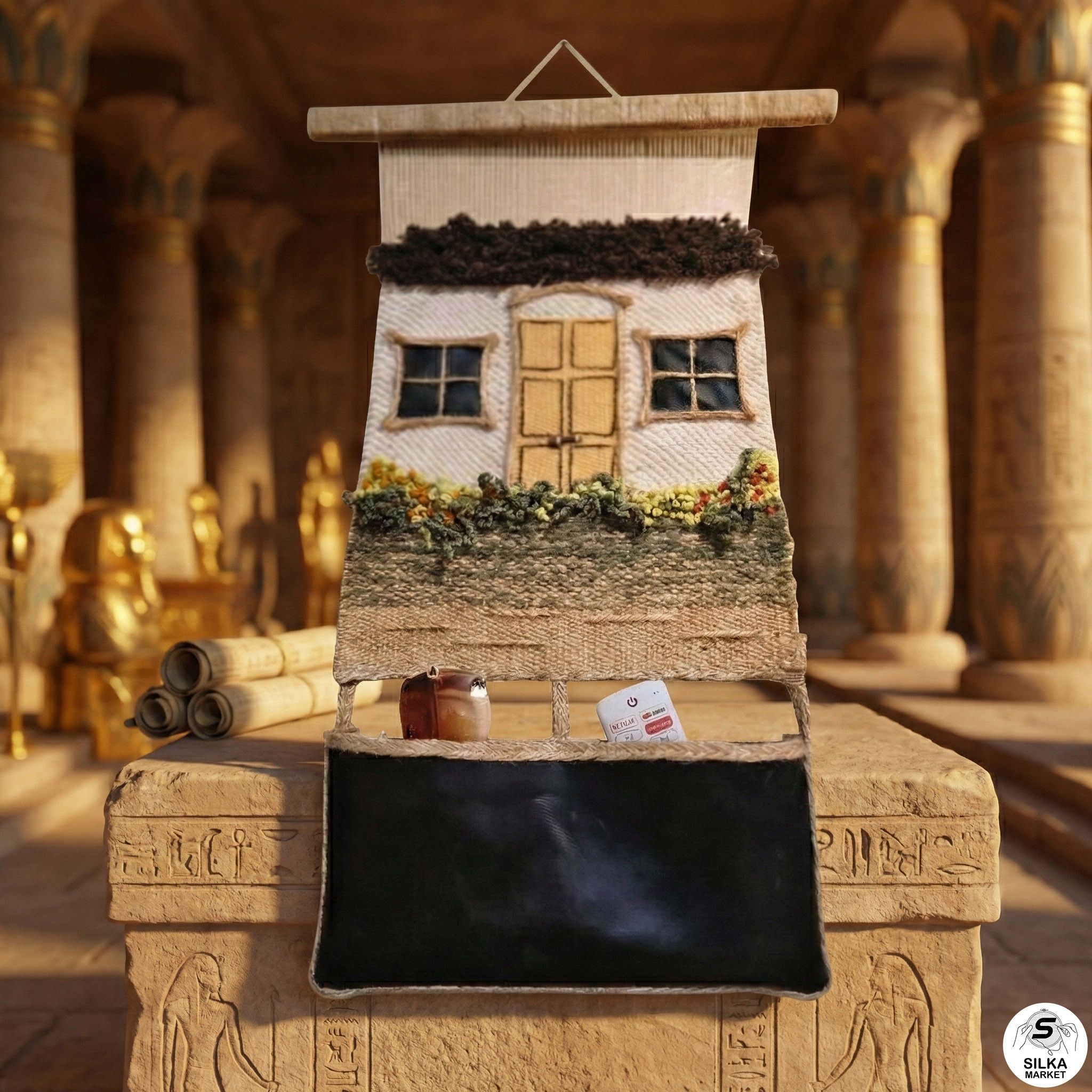 A wall panel woven on a handloom with the addition of a pocket made of natural leather to store keys, glasses, etc